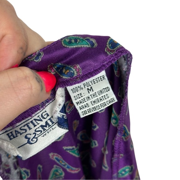 Vintage 80s Paisley Printed Silky V Neck Mini Strap Lingerie PJ Mini Slip Dress - Picture 7 of 7